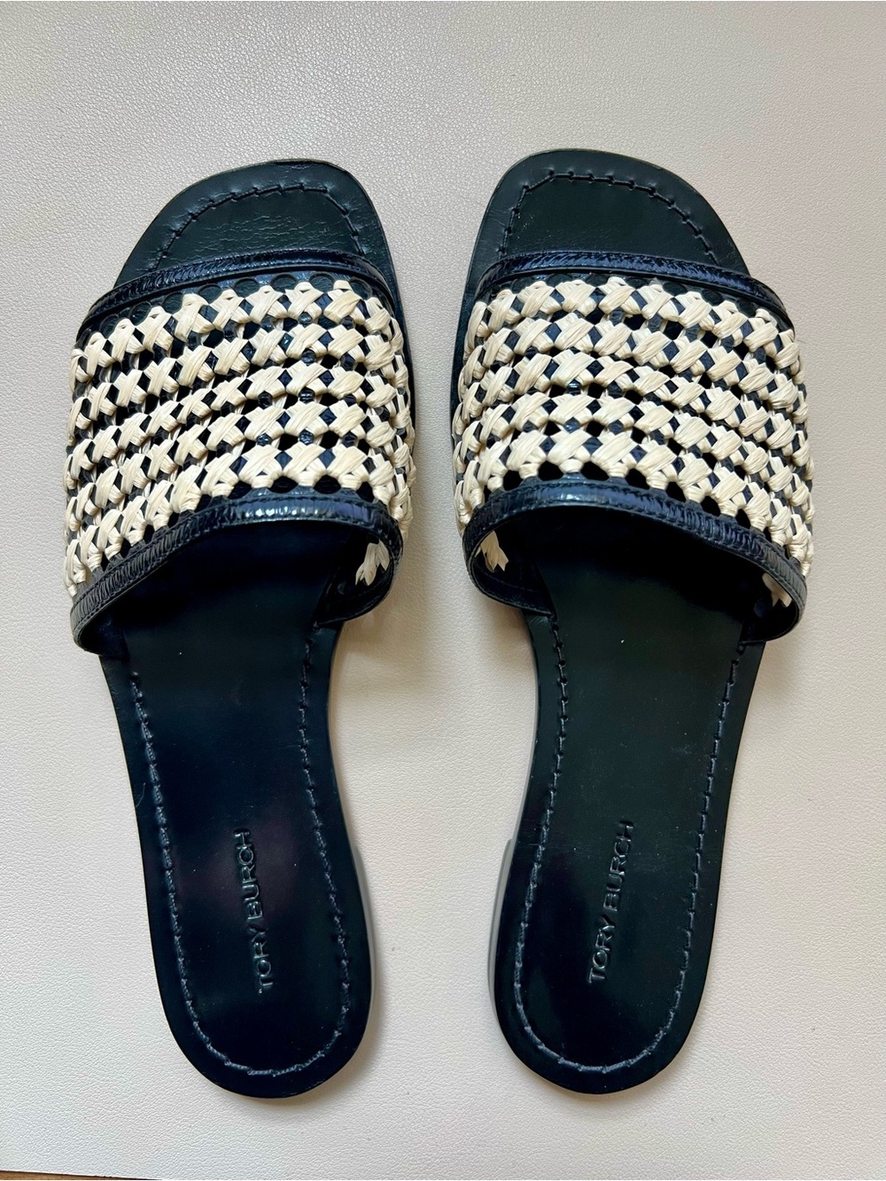 Tory Burch Black and Cream Woven Slide Mules